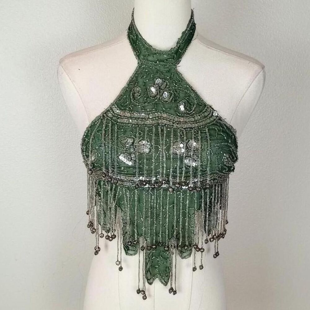 Y2K Asymmetrical Beaded Sequin Fairy Halter Top